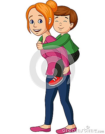 Mother giving her son piggyback ride Vector Illustration