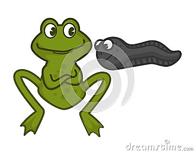 Mother green frog and funny baby tadpole with eyes Vector Illustration