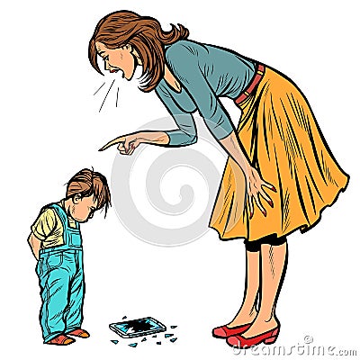 Mother and guilty son. broken phone isolate on white background Vector Illustration