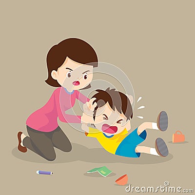 Mother handle angry boy aggressive children Vector Illustration