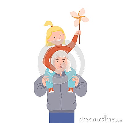 Mother Having Her Daughter Sitting on Her Shoulders with Beaming Smile Vector Illustration. Vector Illustration