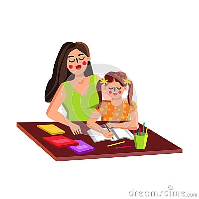 Mother Helping Daughter Kid With Homework Vector Vector Illustration