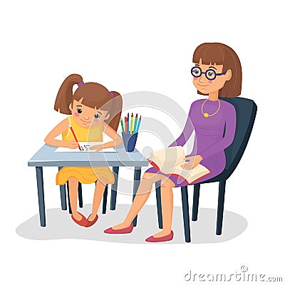 Mother helping her daughter with homework. Girl doing schoolwork with mom or teacher. Vector illustration. Vector Illustration