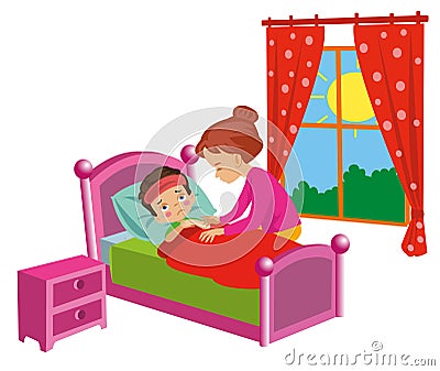 Mother helping her sick son Vector Illustration