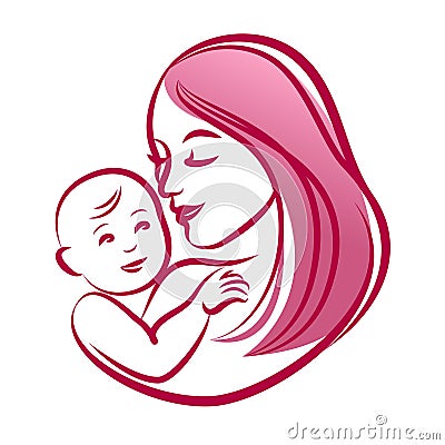 Mother with her baby, outline vector silhouette, mother care icon. Vector Illustration