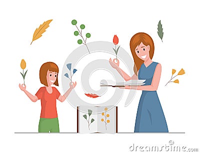 Mother and her daughter collecting dried flowers and herbs vector flat illustration. Handmade herbarium hobby. Vector Illustration