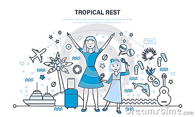 Mother with her daughter rest in summer in warm countries. Vector Illustration