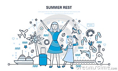 Mother with her daughter rest in summer in warm countries. Vector Illustration