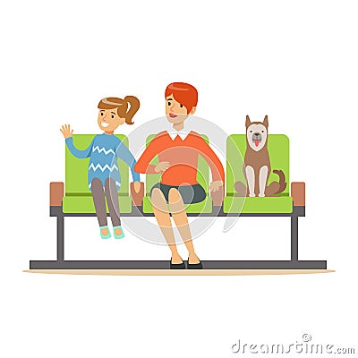 Mother and her daughter sitting in waiting hall with her pet dog and expecting for visiting a doctor. Colorful cartoon Vector Illustration