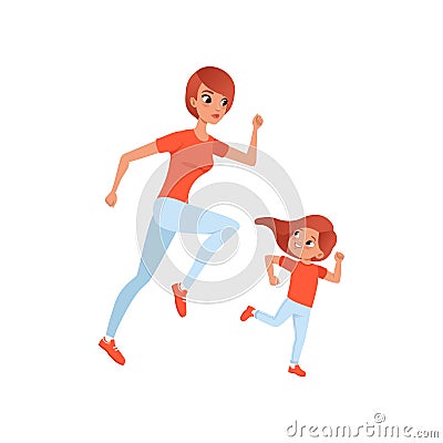 Mother and her little daughter on morning jogging. Physical activity and healthy lifestyle concept. Mom and child in Vector Illustration