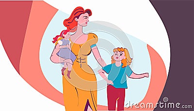 mother with her little daughters loving family parenthood childcare concept mothers day card template Vector Illustration
