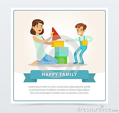 Mother and her son playing building blocks, happy family banner flat vector element for website or mobile app Vector Illustration