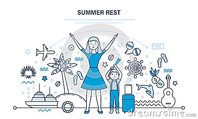 Mother with her son rest in summer in warm countries. Vector Illustration