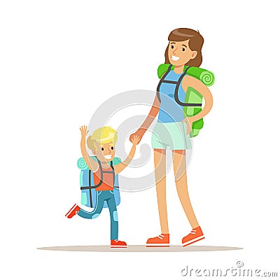 Mother and her son with tourists backpacks standing and smiling. Colorful cartoon character vector Illustration Vector Illustration