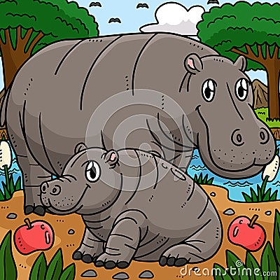Mother Hippo and Baby Hippo Colored Cartoon Vector Illustration