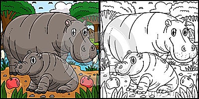 Mother Hippo and Baby Hippo Coloring Illustration Vector Illustration
