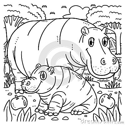 Mother Hippo and Baby Hippo Coloring Page for Kids Vector Illustration