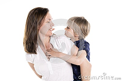A Mother and his five years blond son together isolated on white Stock Photo