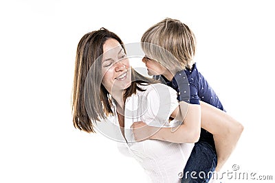 A Mother and his five years blond son together isolated on white Stock Photo