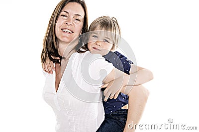 A Mother and his five years blond son together isolated on white Stock Photo