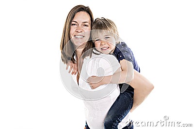A Mother and his five years blond son together isolated on white Stock Photo