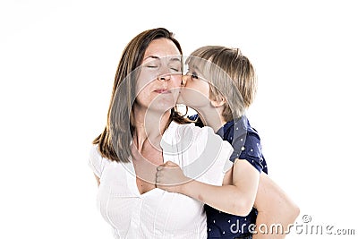 A Mother and his five years blond son together isolated on white Stock Photo