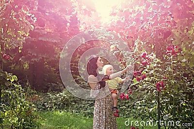 Mother hold son at blossoming roses on idyllic sunny day Stock Photo