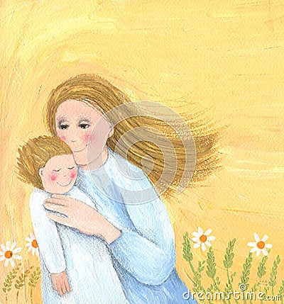 Mother holding baby Cartoon Illustration