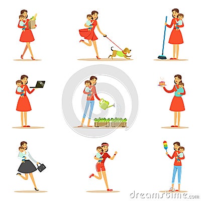 Mother Holding Baby In Arms Doing Different Activities Set Of Illustrations With Supermom And Her Duties Vector Illustration