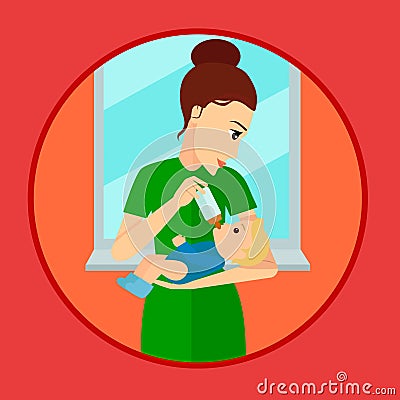 Mother holding and feeding baby with milk bottle Vector Illustration