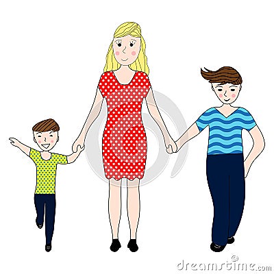 Mother holding the hand of his two sons Cartoon Illustration