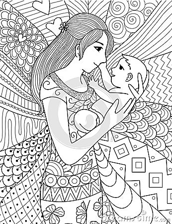 Mother holding her baby, clean line doodle art design Vector Illustration