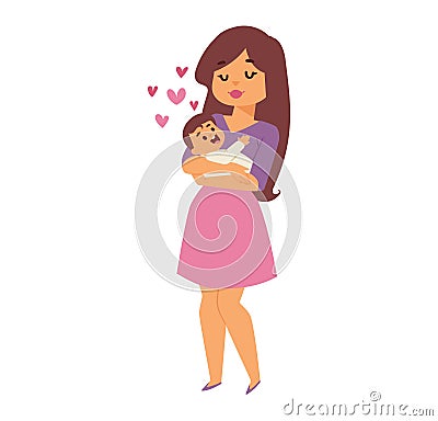 Mother holding her baby with love and care, both smiling. A young woman showing affection to her child. Motherhood and Cartoon Illustration