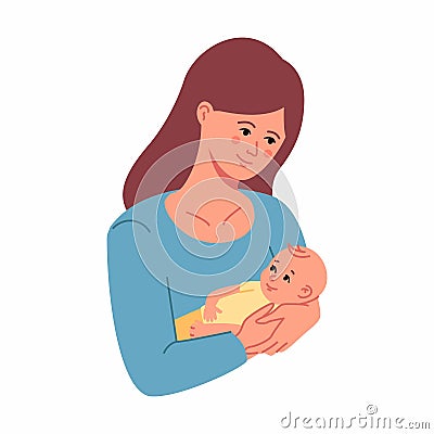 Mother holding her cute baby child. Woman holding newborn baby Vector Illustration