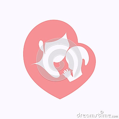 Mother holding her little baby in heart shaped silhouette Vector Illustration