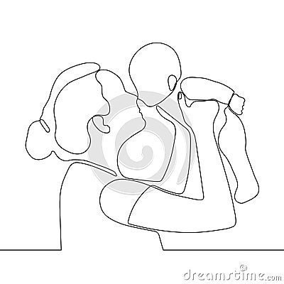 Mother holding little baby in her arms, continuous one line drawing. Happy family, parenthood. Black and white Cartoon Illustration