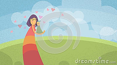 Mother Holding Small Child Embrace Outdoors Vector Illustration