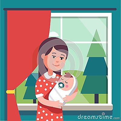 Mother holding swaddled baby boy sucking nipple Vector Illustration