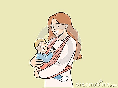 Mother holds baby in carrier sling and smiles, taking care of son and using comfortable babywearing. Vector Illustration