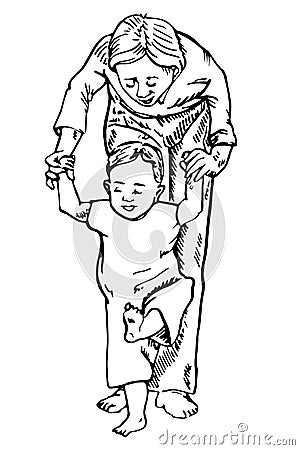 Mother holds child by the hands and learn to walk, first steps Vector Illustration