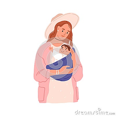 Mother hugging child in baby sling. Mom carrying little kid in wrap ring. Woman with happy infant in cloth carrier. Mum Vector Illustration