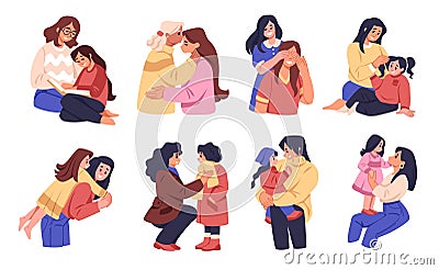 Mother hugging child. Mom with kid, children in happy family, parent hug daughter, girl and mum in love. Good Vector Illustration