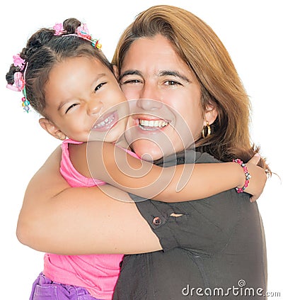 Mother hugging her small multiracial daughter Stock Photo