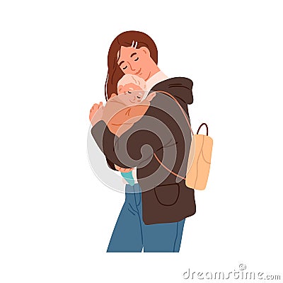 Mother hugging newborn baby portrait. Young mom with new born child in hands. Happy modern woman cuddling peaceful Vector Illustration