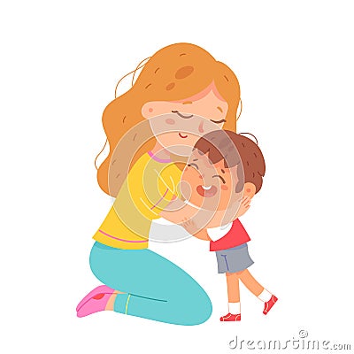 Mother hugging son with love and tenderness, hug from mom to boy, parent sitting on knees Cartoon Illustration