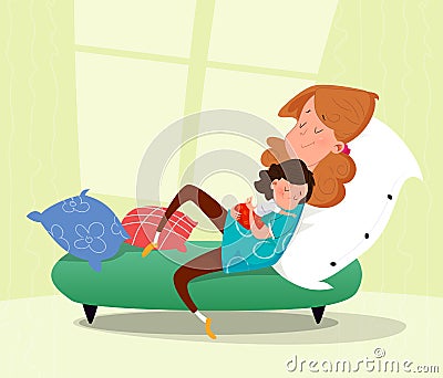 Mother huging her sad child. Cartoon vector illustration Vector Illustration