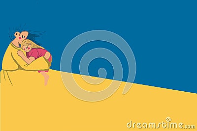 Mother hugs daughter. Ukrainian flag colors. Stop war, Protect children concept. Flat vector illustration of mental health Stock Photo