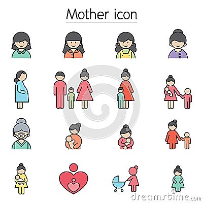 Mother icon set filled outline style Vector Illustration