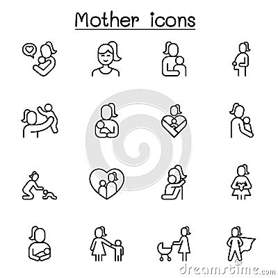 Mother icon set in thin line style Vector Illustration