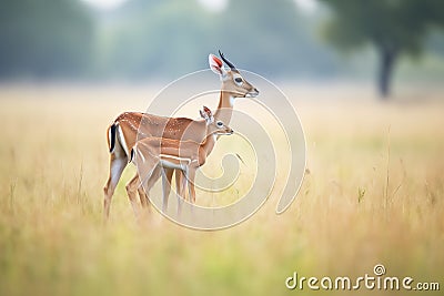 mother impala nudging its young in field Stock Photo